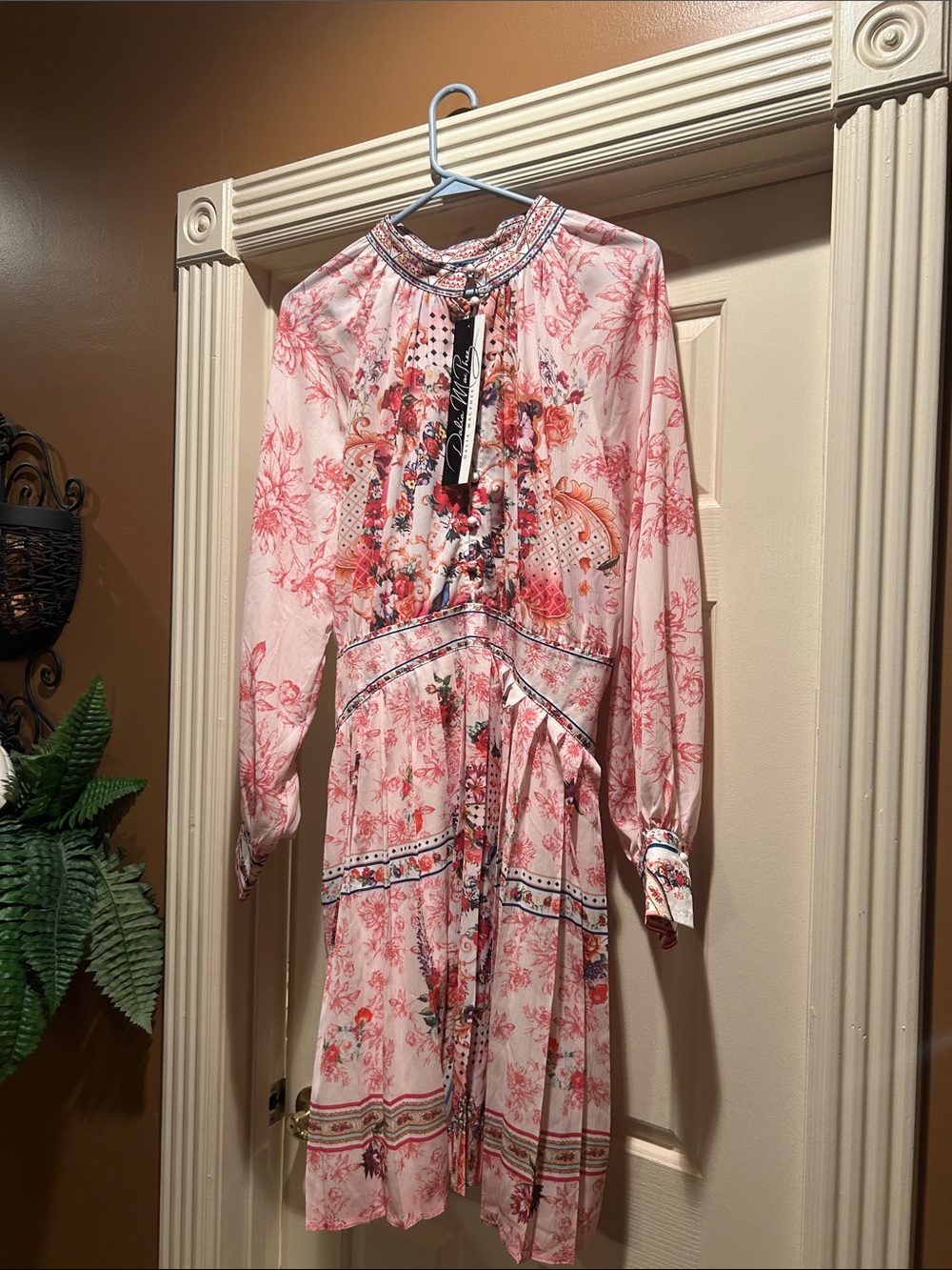 Pink Floral Long-Sleeve Midi Dress